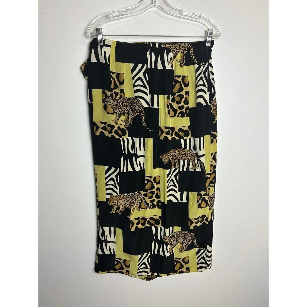 Rebecca Reid Vintage Silk Midi Wrap Skirt Cheetah Novelty Print‎ Size 10 Artsy